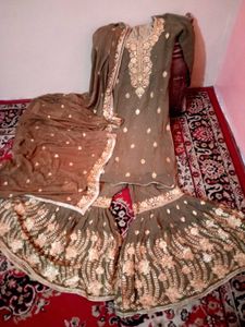 Olive Green Embroidered Gharara Suit