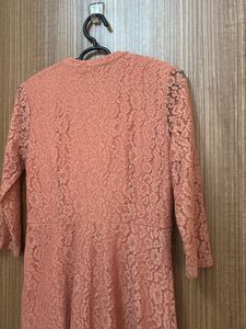 Coral Peach Lace Flare Dress With Half Sleeves