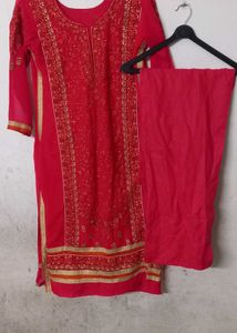Rose Colour Embroidered Kurta Set