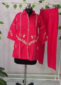 Fuschia Embroidered Short Premium Coord Set