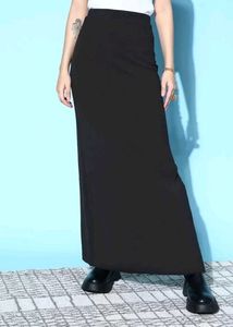Black Solid High Waisted Split-Thigh Maxi Skirt