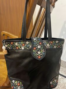 Floral Embroidered Leather Tote Bag