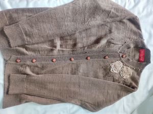 Brown Knit Cardigan with Floral Detail