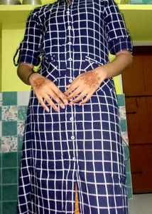 Navy & White Checked Button-Down Dress