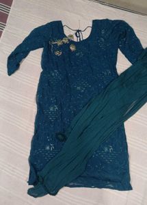 Peacock Green Kurti With Dupatta And Jewellery