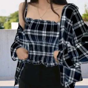 Chic Black Plaid Smocked Ruffle Crop Top