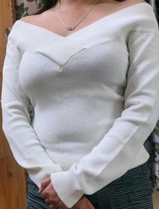 White V-Neck Knit Sweater