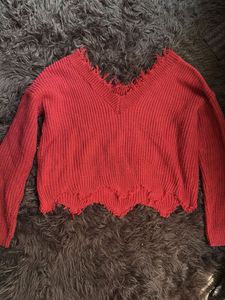 Red Distressed Knit Sweater