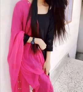 Black Kurta Pant Set With Pink Dupatta