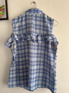 Blue Plaid Cold Shoulder Top