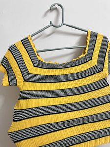 Striped Yellow & Black Pleated Top