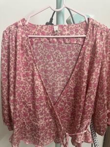 MANGO Cream-Coloured & Pink Floral Print Wrap Top