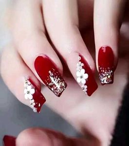 Red &amp; White Flower Press-On Nails