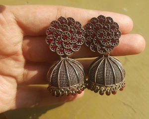 Oxidised Earring Jewellery With Red Stones