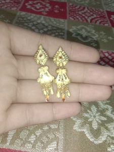 Gold Dangle Earrings with Red Accents
