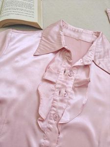 Pink Ruffle Front Blouse