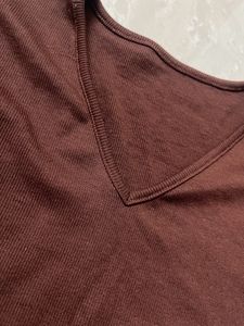 Brown Ribbed V Neck Top