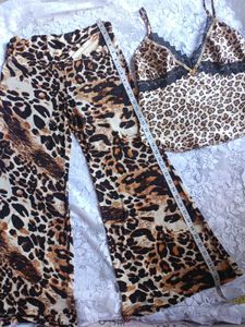 Leopard Print Lace Trim Top&amp; Pillazo Pants Set