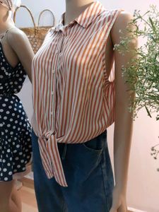 Thrifted Striped Tie-Front Sleeveless Blouse