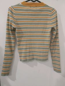 Women Mock Neck Yellow Stripes Sweater