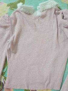 Pink Sweater Top With Lace Detailing Collar