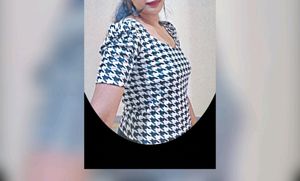 Dream Beauty Fashion Puff Sleeve Polyester Blend Sweetheart Neck Houndstooth Print Form Fitted Black Tee