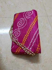 Pink Bandhani Clutch with Beaded Strap