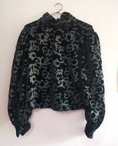 ZARA Black Faux Leather Velvet Top