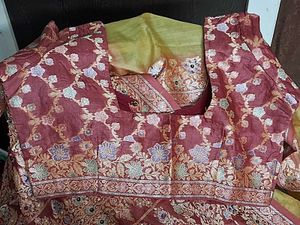 GentlyUsed MustardTusserSilk Saree withFloralBlous