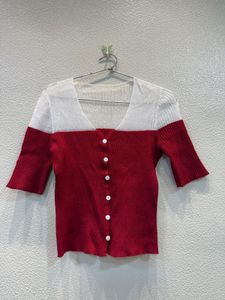 Red & White Color Block Cardigan