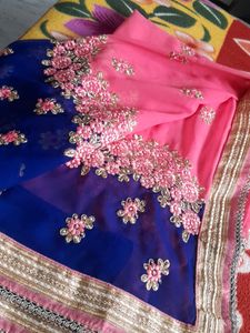 Pink Blue Saree With Stitched Blouse