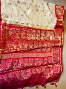 Off White Banarasi Silk Saree With Pink Border