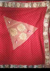 Red Block Buti Saree With Net And Siquence Border