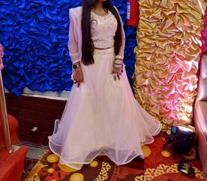 peach colour crop top lehenga net fabric