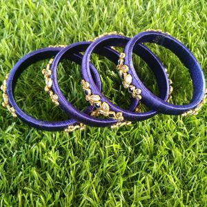 A Set Of 4 Royal blue Silk Thread kundan Bangles