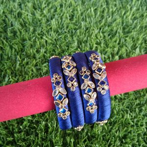 A Set Of 4 Royal blue Silk Thread kundan Bangles