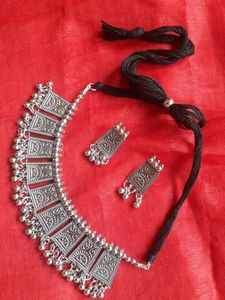 New Oxidised Silver Necklace With Earrings