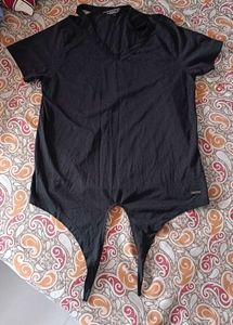Black V-Neck Tie Detail Top