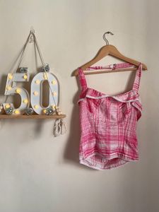 Pink Gingham Print Halter Top