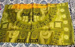 Mustard Yellow Tribal print Saree with Olive Green