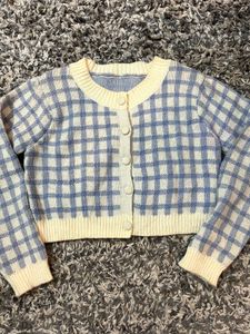 Blue Plaid Knit Cardigan
