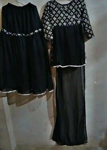 Black Embroided Kurti With Garara &amp; Dupatta Set