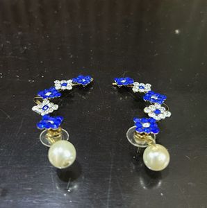 Blue Floral Pearl Drop Earrings