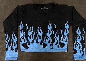 Black Crop Top with Y2K Blue Flame Print