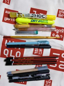 Stationery Set 4 Pencils 2 Blue Ball Pen 3 Black Ball Pen 1 Black Gel Pen  Golden Glitter Pen Lead Pencil With Lead , Crayon Highlighter , Paint Brush