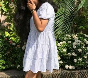 Light Blue Striped Puff Sleeve Mini Dress – Size S