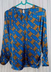 Women&#39;s Long Sleeves Blouse Multicolor Blue &amp; Brow