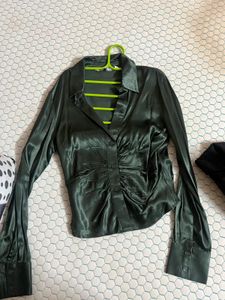 Green Satin Ruched Blouse