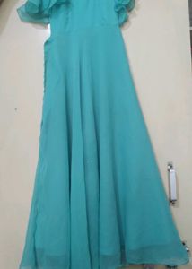 Flowy Aqua Off-Shoulder Ruffle Maxi Dress