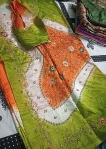 Vibrant Green &amp; Orange Ethnic Saree